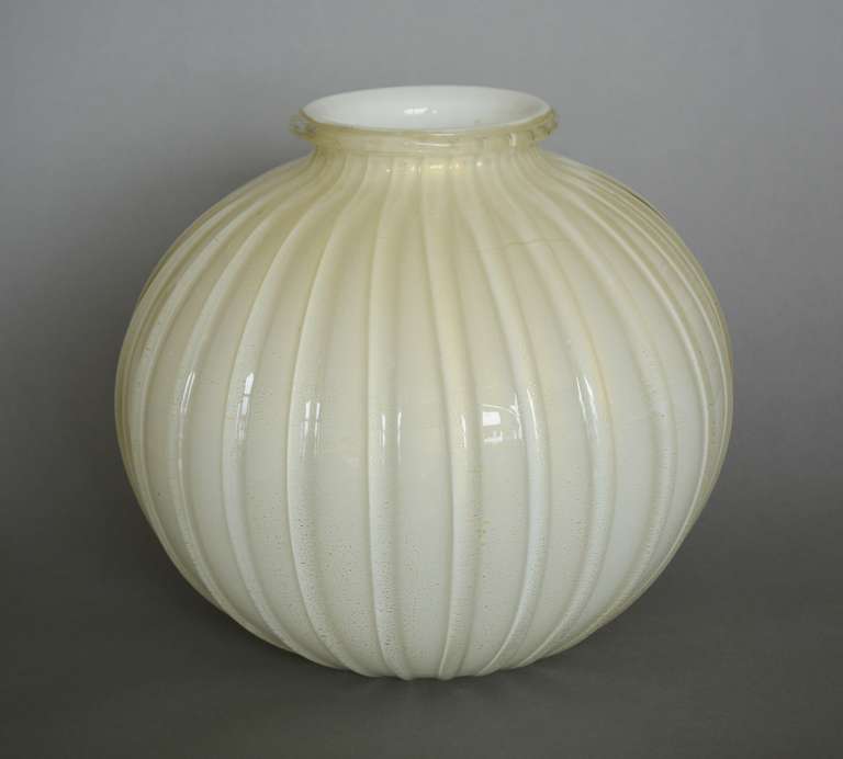 Italian Large Spherical Ribbed Murano Vase