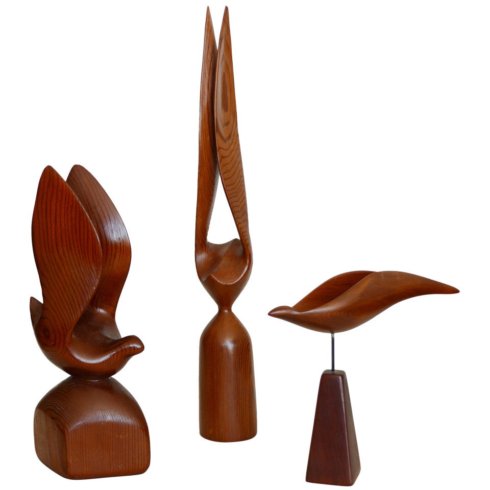 Modernist Carved Redwood Bird Sculptures