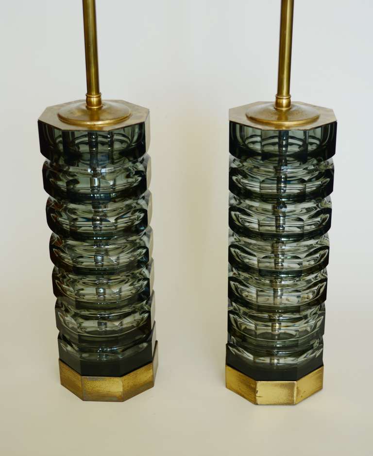Art Deco Pair of Moser Cut Glass Lamps