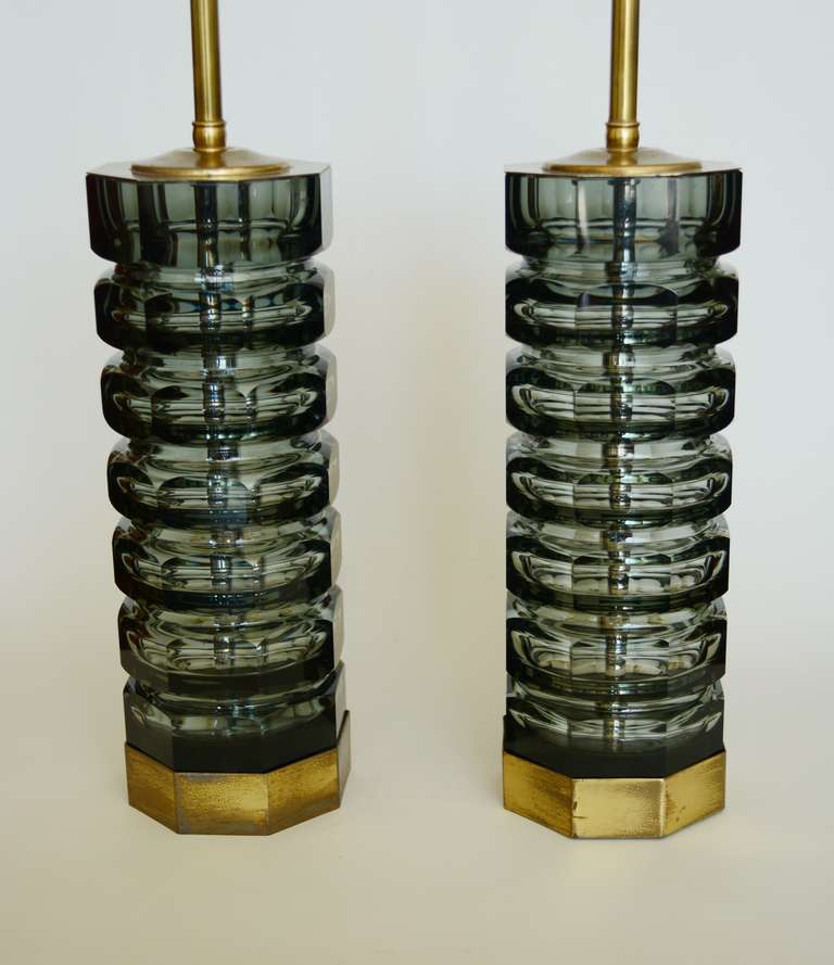 Czech Pair of Moser Cut Glass Lamps
