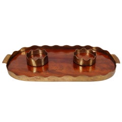 English Brass and Mahogany Serving Tray and Wine Coasters