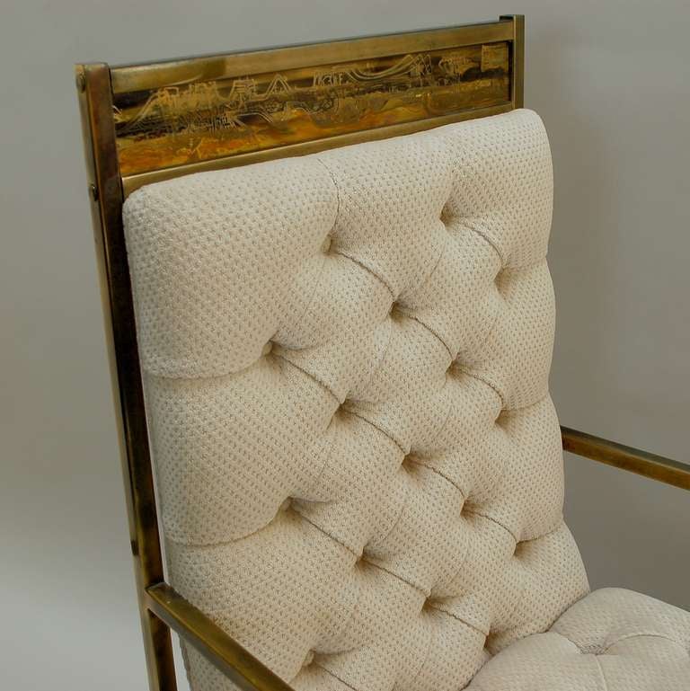 Brass Pair of Mastercraft Tufted Chairs with Acid Etched Detail