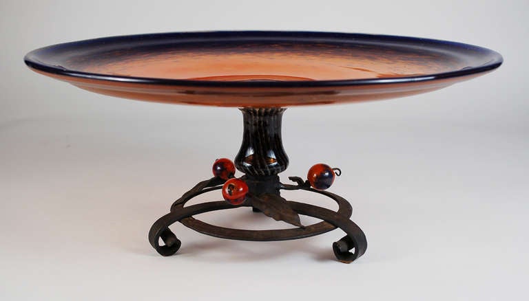 French Charles Schneider Glass and Wrought Iron Compote