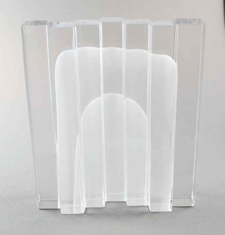 Glass sculpture by Helena Tynell for Riihimaen Lasi. The sculpture is comprised of staggered square columns with two veils of opaque white in the interior.