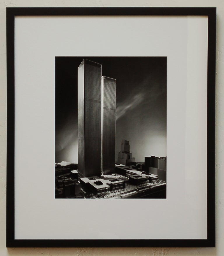 Photo of the architectural model of the World Trade Center by Balthazar Korab. This photo was taken in 1969 for Minoru Yamasaki and Associates. This is archival matted and framed. The photo backstamp was photocopied and attached to the back of the