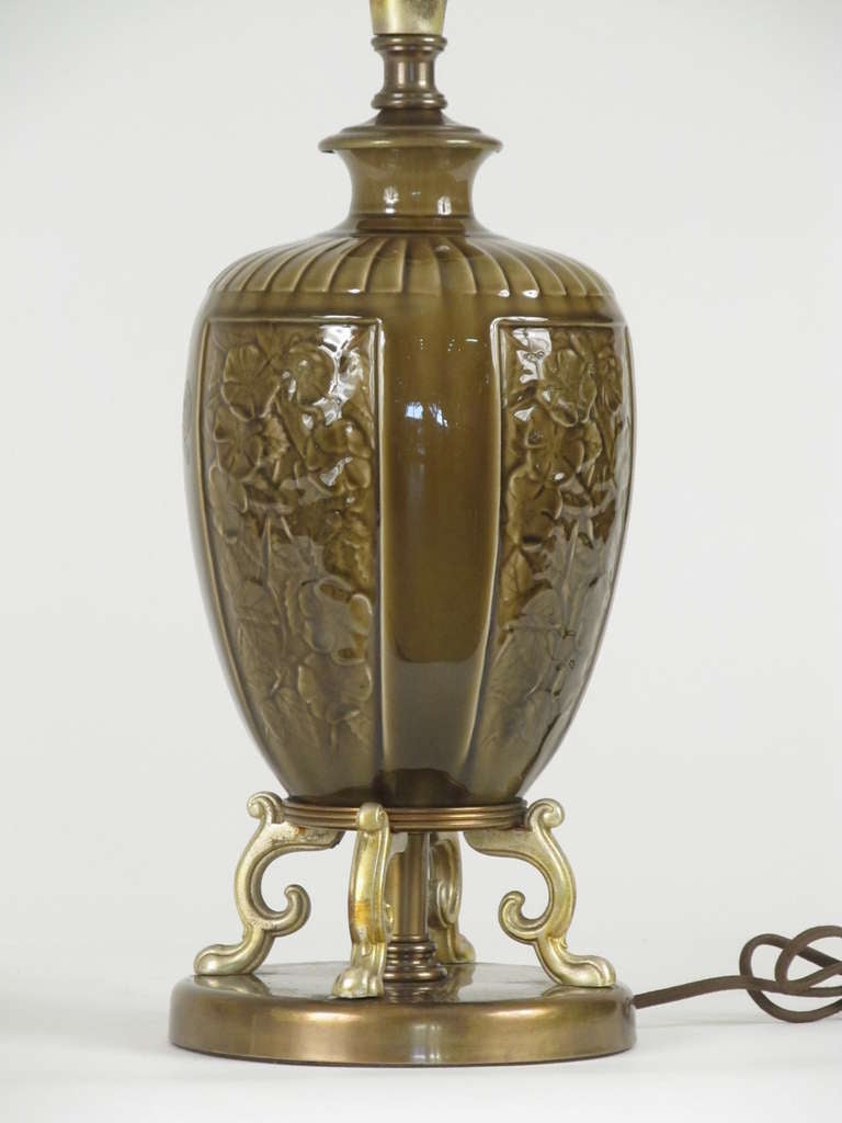 A beautiful neoclassical style rookwood lamp dated on the bottom of the ceramic, with the Roman numeral L, being rookwood’s dating code for 1950. Unusual for Rookwood because of the high gloss glaze.