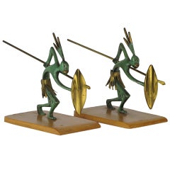Vintage Circa 1940s Pair of African Warrior Patinated Brass Bookends
