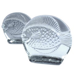 Circa 1960's Blenko Clear Glass Fish Bookends