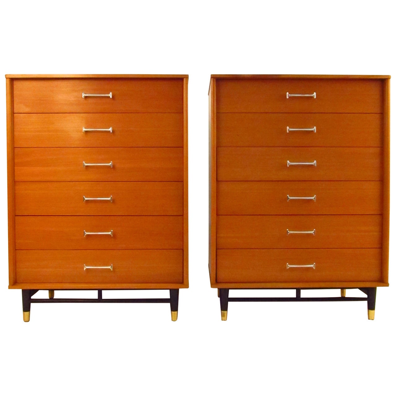Pair of 1950s Drexel Blonde Wood Highboy Dressers