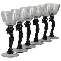 Set of Six Cambridge Glass Black Nude Stem Cocktail Glasses