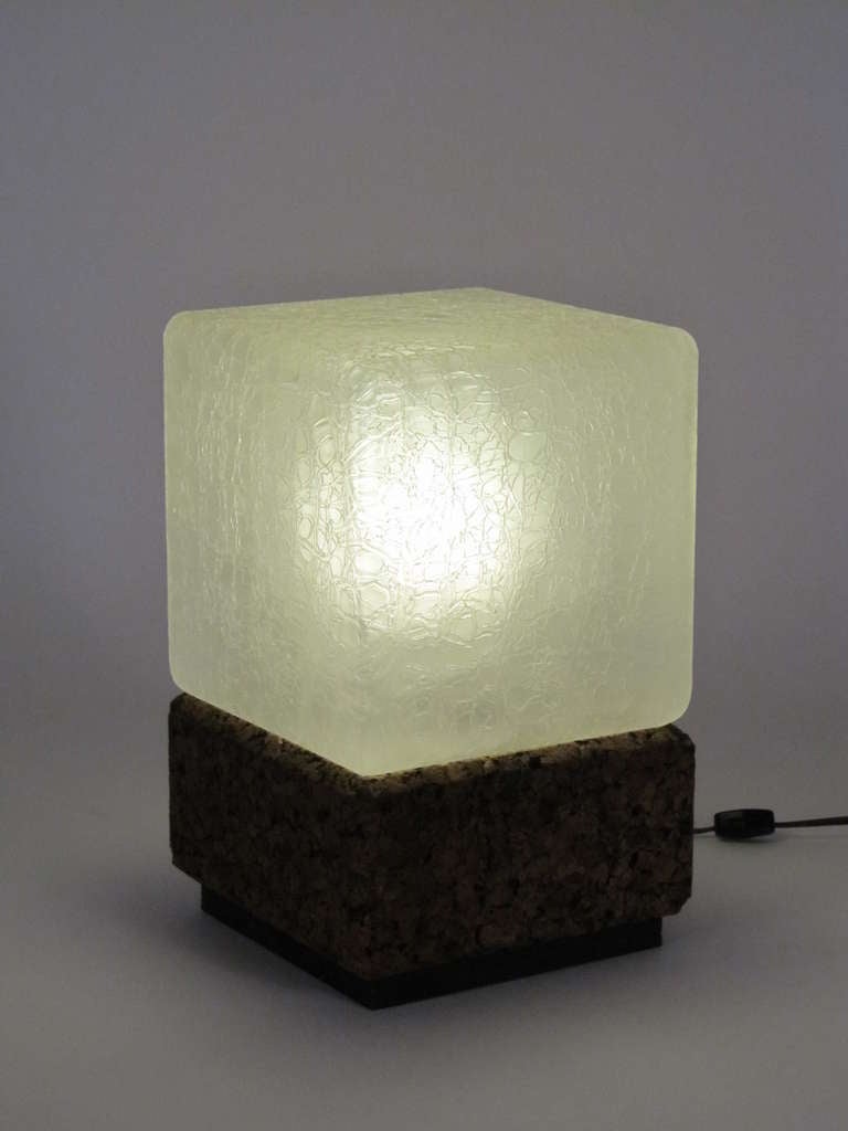 American Mid Century Cork and Glass Cube Lamp