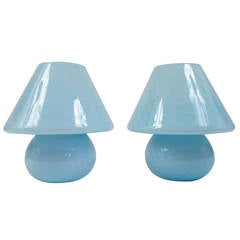 Pair of Unusual Blue Swirl Murano Mushroom Lamps