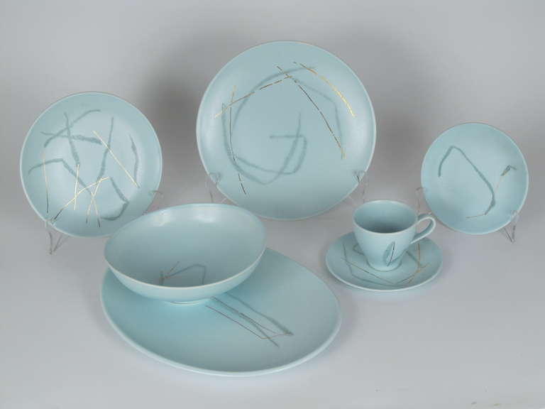 This is one of Russel Wright's most ethereal designs, and one of his rarest dinner patterns.  The background glaze is a mat robins egg blue, and the decoration has a very Asian aesthetic, making it one of his most unusual patterns.  There are