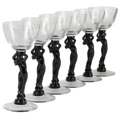 Set of Six Cambridge Glass Black Nude Stem Cocktail Glasses