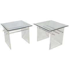 Pair of Lucite Aluminum and Glass End Tables