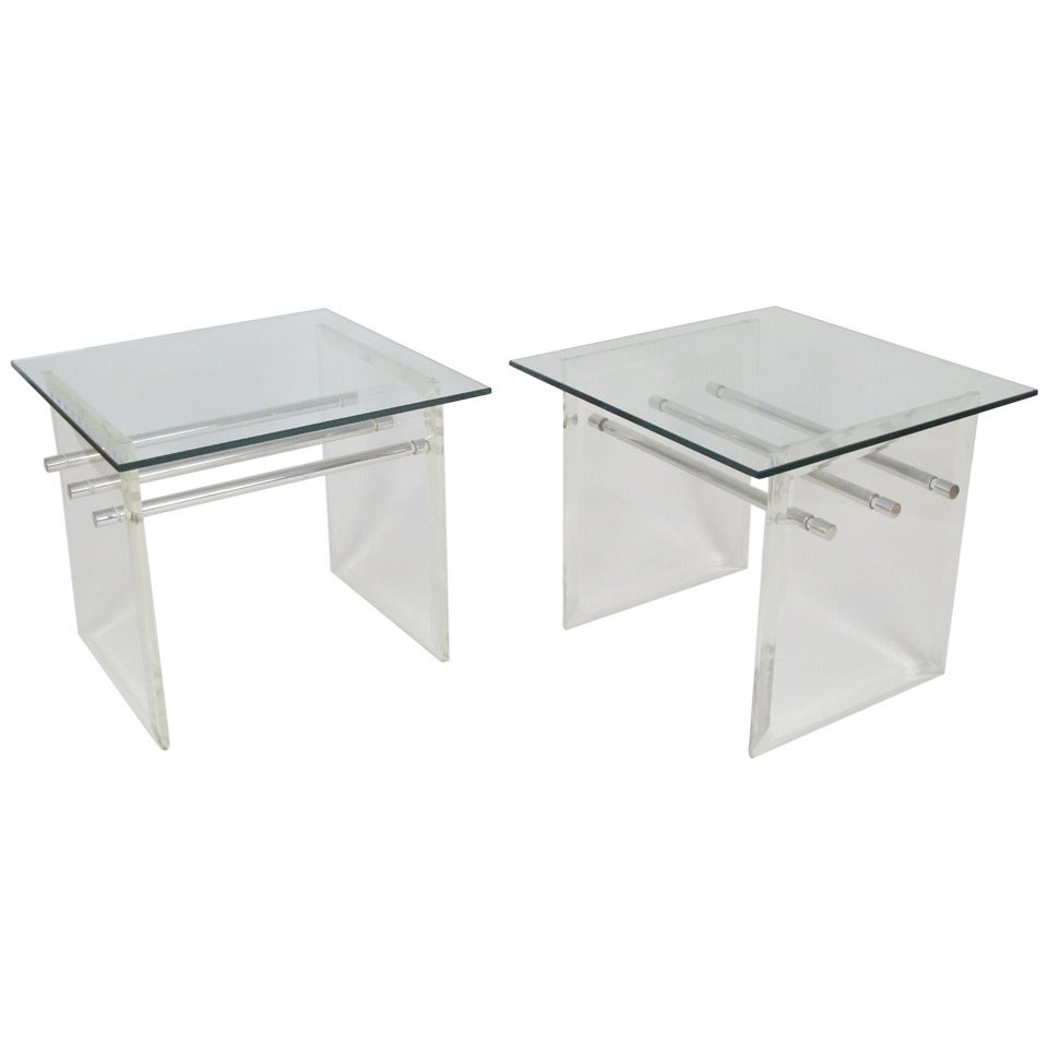 Pair of Lucite Aluminum and Glass End Tables For Sale