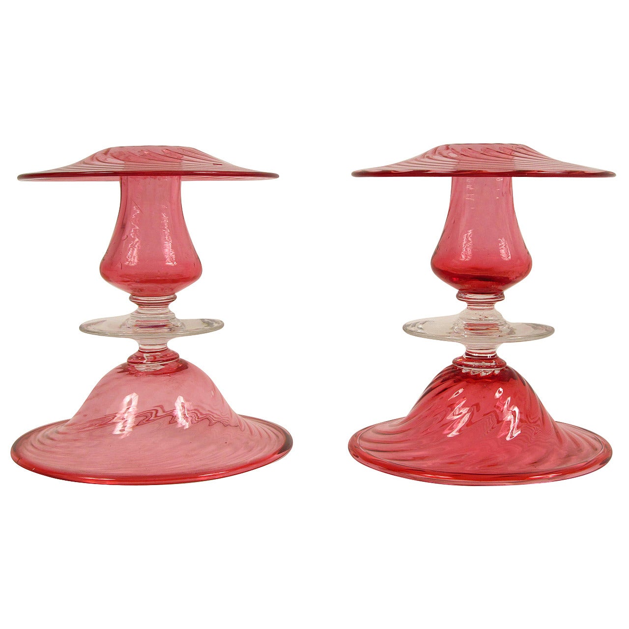 Pair of Steuben Cranberry Glass Candlesticks For Sale