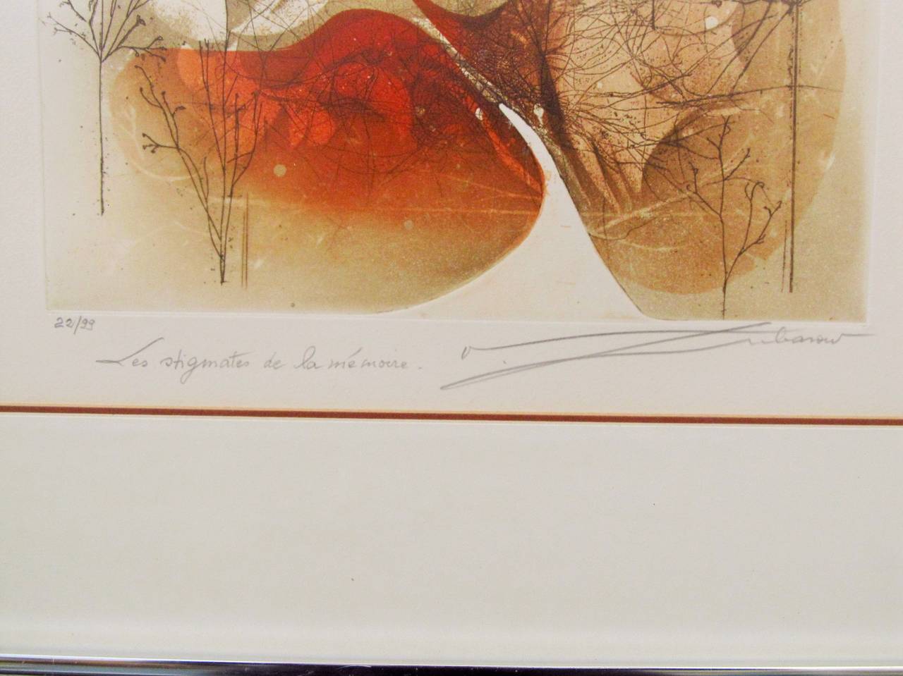 An evocative aquatint print by French artist Renee Lubarow numbered 22/99. The plate mark measures 14