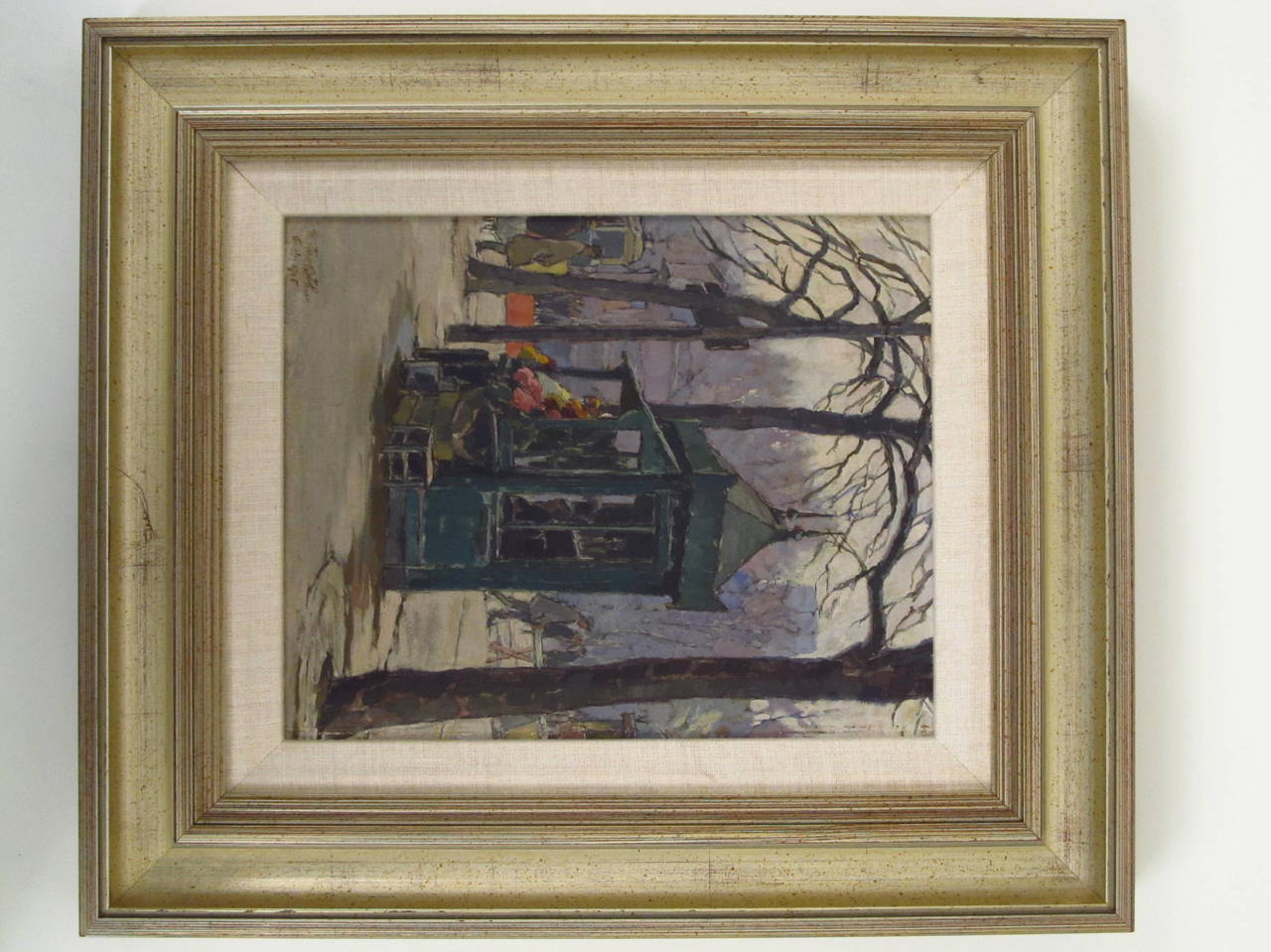 This is a charming little painting of urban life in 1925, Europe, capturing the atmosphere of autumn with the cloudy sky and the bare trees. His choice of palette emphasizing the contrast of purple and green is very pleasing. The medium is oil on