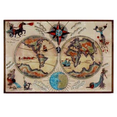 Vintage Framed Italian 24 Ceramic Tile Map of the Globe