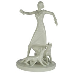 Metzler & Ortloff Art Deco Porcelain Figurine of Woman With Dogs