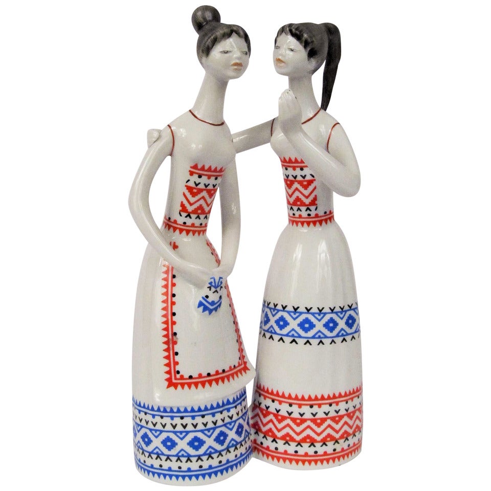 Charming Hollohaza Figural Ceramic of Two Young Women