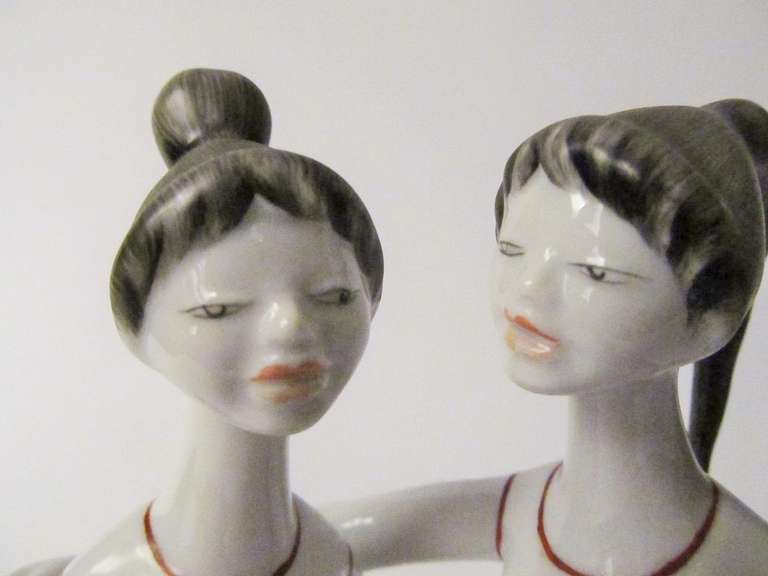 Mid-Century Modern Charming Hollohaza Figural Ceramic of Two Young Women