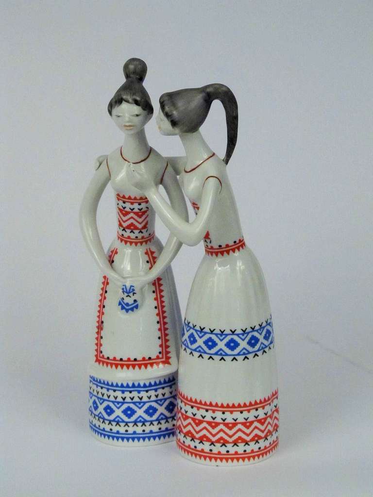 Mid-20th Century Charming Hollohaza Figural Ceramic of Two Young Women
