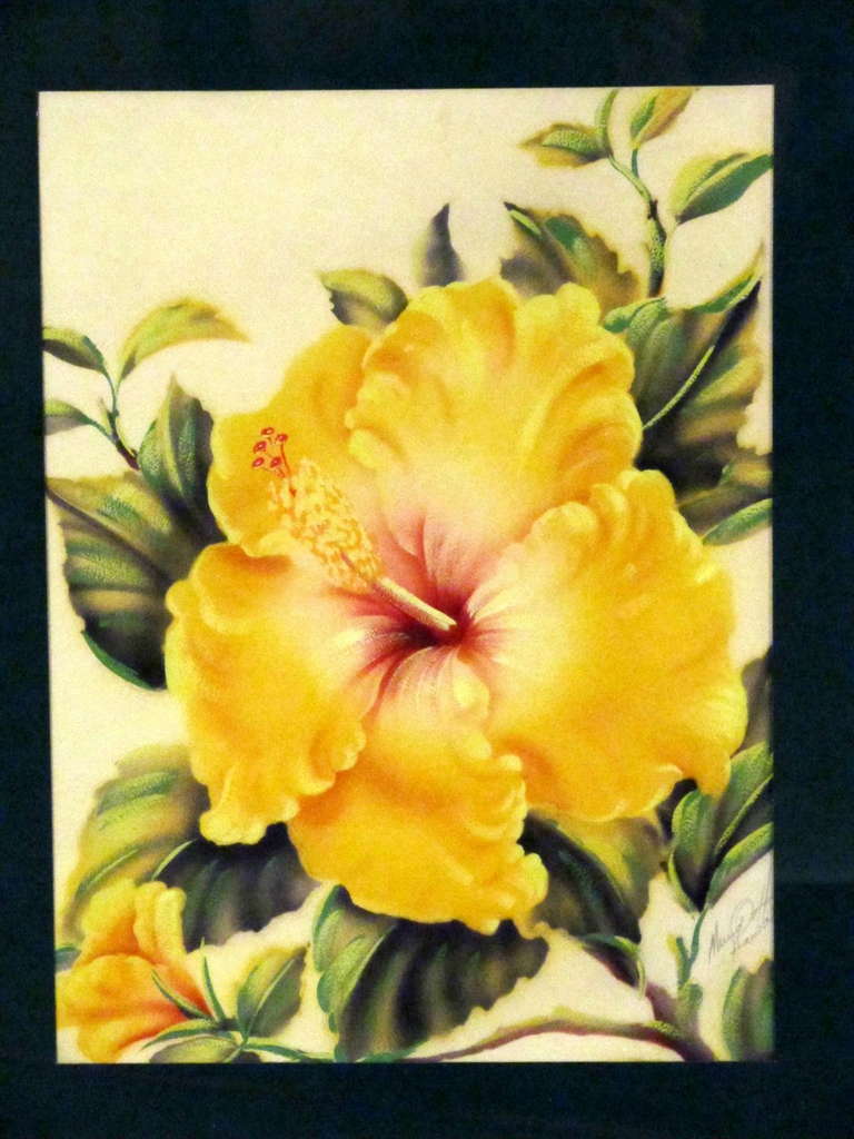 During  the 1930's, 40's and 50's there were several artists in Hawaii that specialized in the airbrush technique, usually painting large presentations of tropical Hawaiian flowers.  Ted Mundorff was one of the most popular and prolific.  The