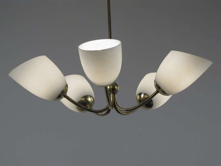 Mid-Century Modern Five Arm Brass and Frosted Glass Chandelier