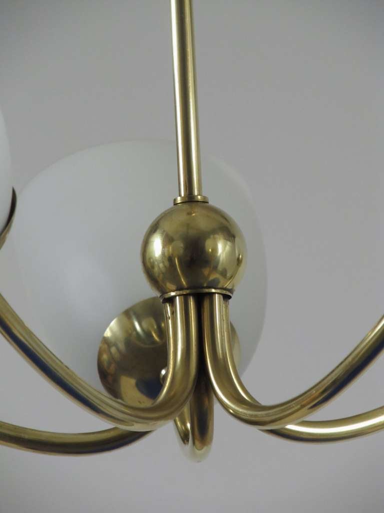 Mid-20th Century Five Arm Brass and Frosted Glass Chandelier