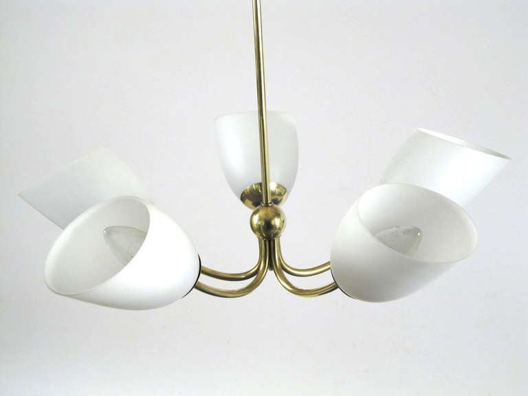 Five Arm Brass and Frosted Glass Chandelier In Excellent Condition In Papaikou, HI