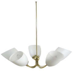 Five Arm Brass and Frosted Glass Chandelier