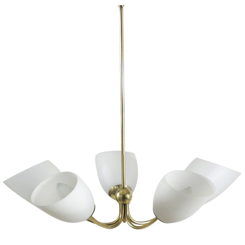 Five Arm Brass and Frosted Glass Chandelier