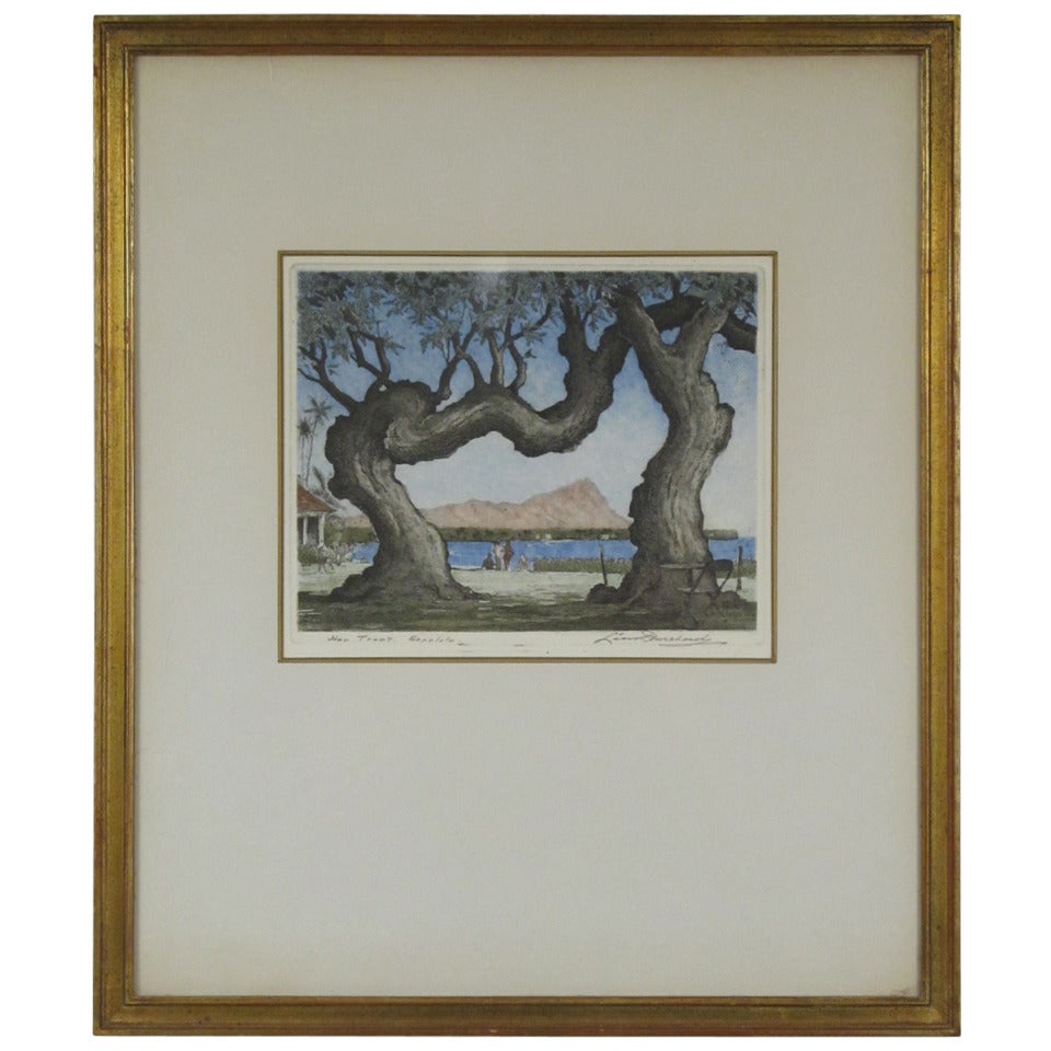 Leon Rene Pescheret Aquatint  of Diamond Head Titled "Hau Trees, Honolulu"