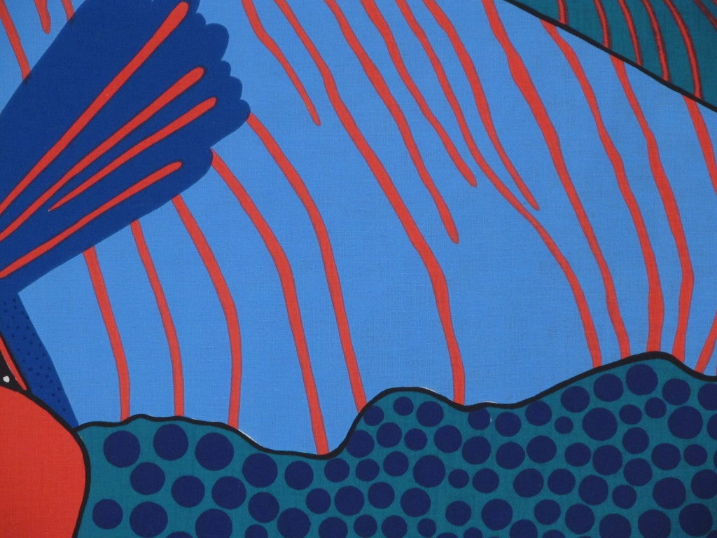 Cotton fabric screen print by Barbara Brenner attached to a wooden stretcher
