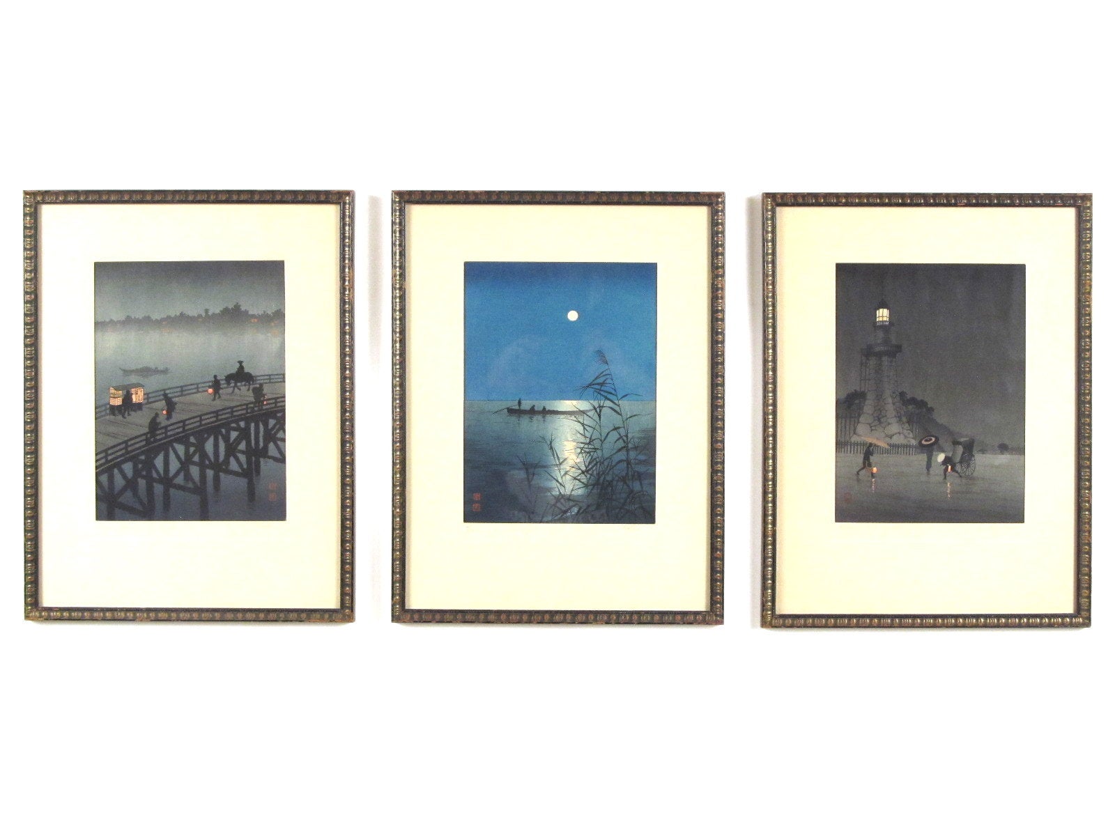 3 Hasegawa "Night Scenes" Japanese Woodblock Prints