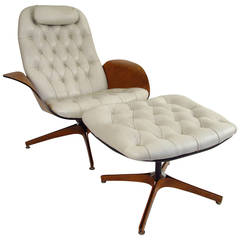 Cream Color Leather Upholstered Plycraft "Mister" Chair and Ottoman