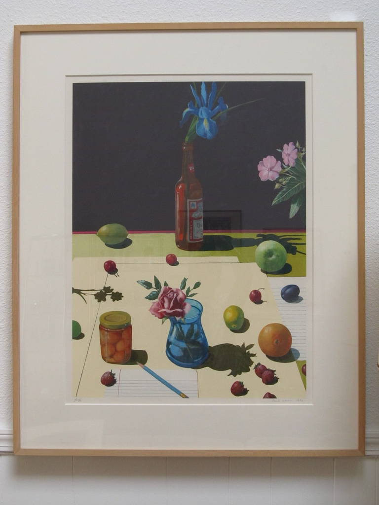 A beautifully framed and matted print by well known bay area artist Paul Wonner.  A seemingly random collection of everyday objects including a Budweiser bottle presenting as a vase.  3 different glass vessels, 3 types of flowers, and a shadow of a