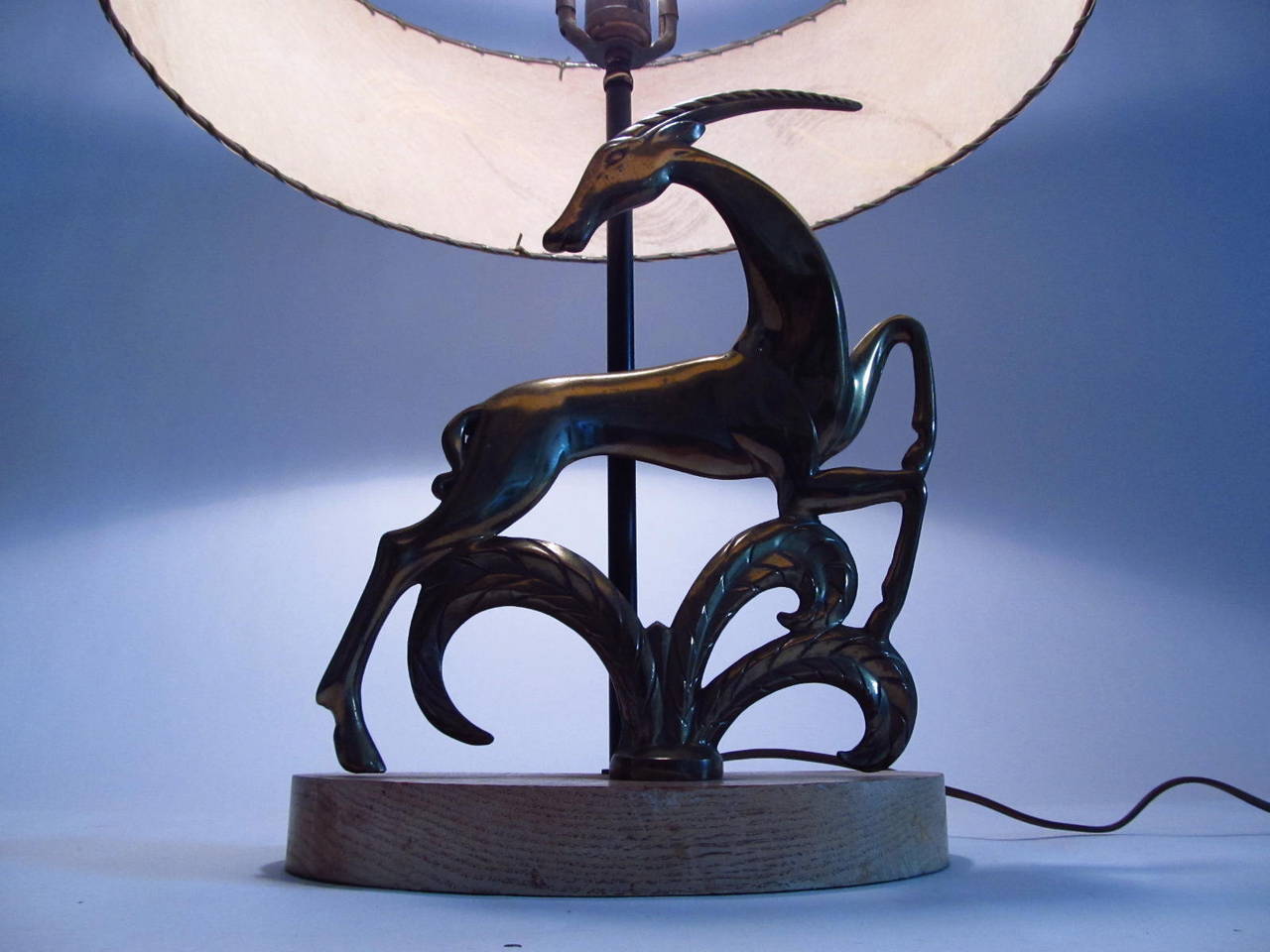 1940s Brass Gazelle Table Lamp with Period Parchment Shade In Good Condition In Papaikou, HI