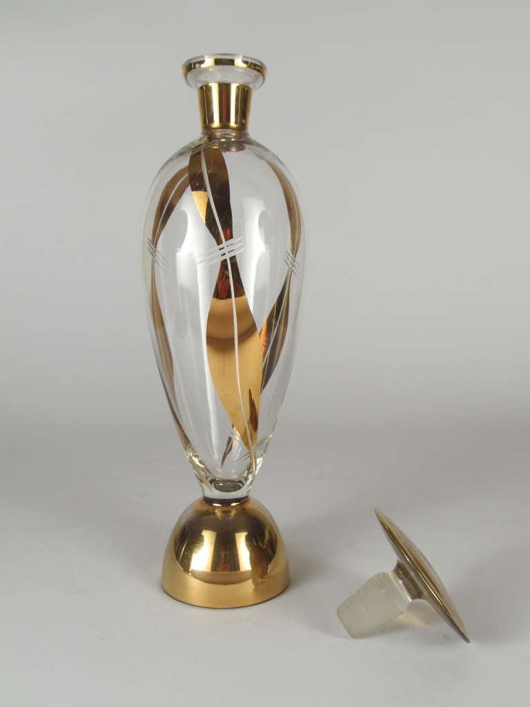 Art Deco Gold Overlay and Etched Czech Glass Decanter For Sale