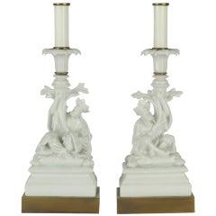 Pair of Porcelain Chinese Figures Candlestick Table Lamps