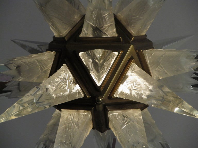 1931 C J Weinstein Art Deco Frosted Glass Starburst Chandelier 1