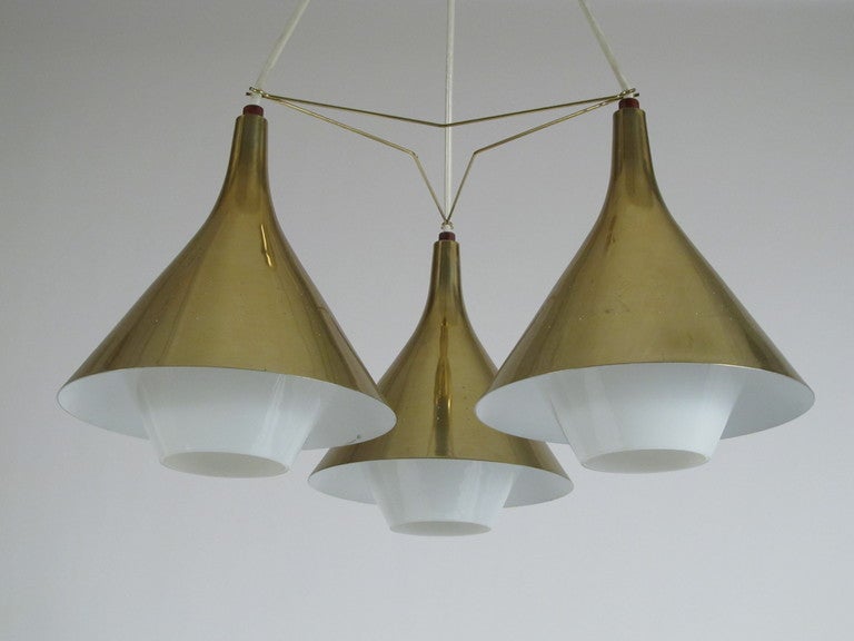 1950s 3 Coned Perforated Metal and Glass Chandelier