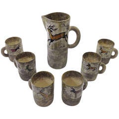 Retro Signed Ceramic Tea or Coffee Set - Pitcher and 6 Mugs