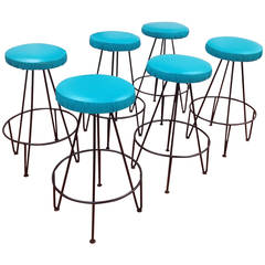 Set of Six Mid-Century Iron Hairpin Leg Barstools after Paul Tuttle