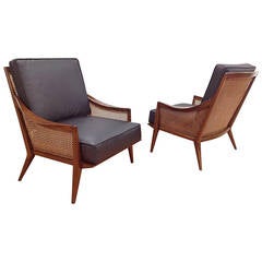 Exceptional Pair of Mahogany Cane and Leather Lounge Chairs
