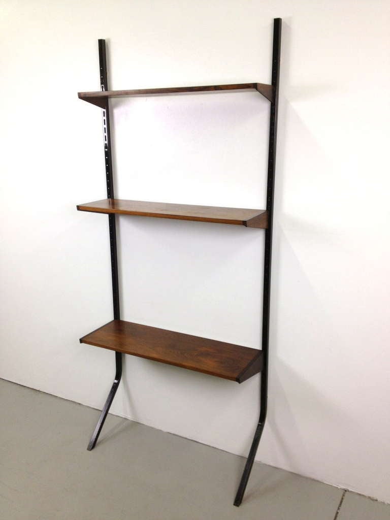 Metal Danish Modern Rosewood Freestanding 3 Shelf Bookshelf Wall Unit