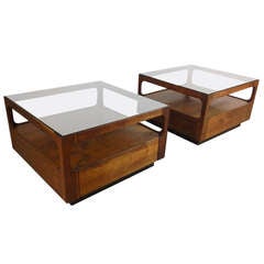 Pair Brown Saltman Walnut and Smoked Glass End Tables w/ Drawers by John Keal
