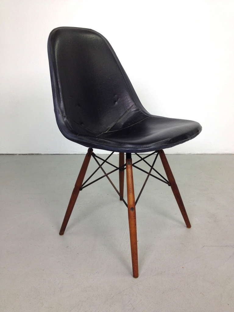 Rare and Early Set of 4 Charles Eames DKW Dowel Leg Dining Chairs.  One wire shell is from another chair from the same home (slightly different wire configuration on the bottom of the wire seat not visible when in use)  - original seat (needs